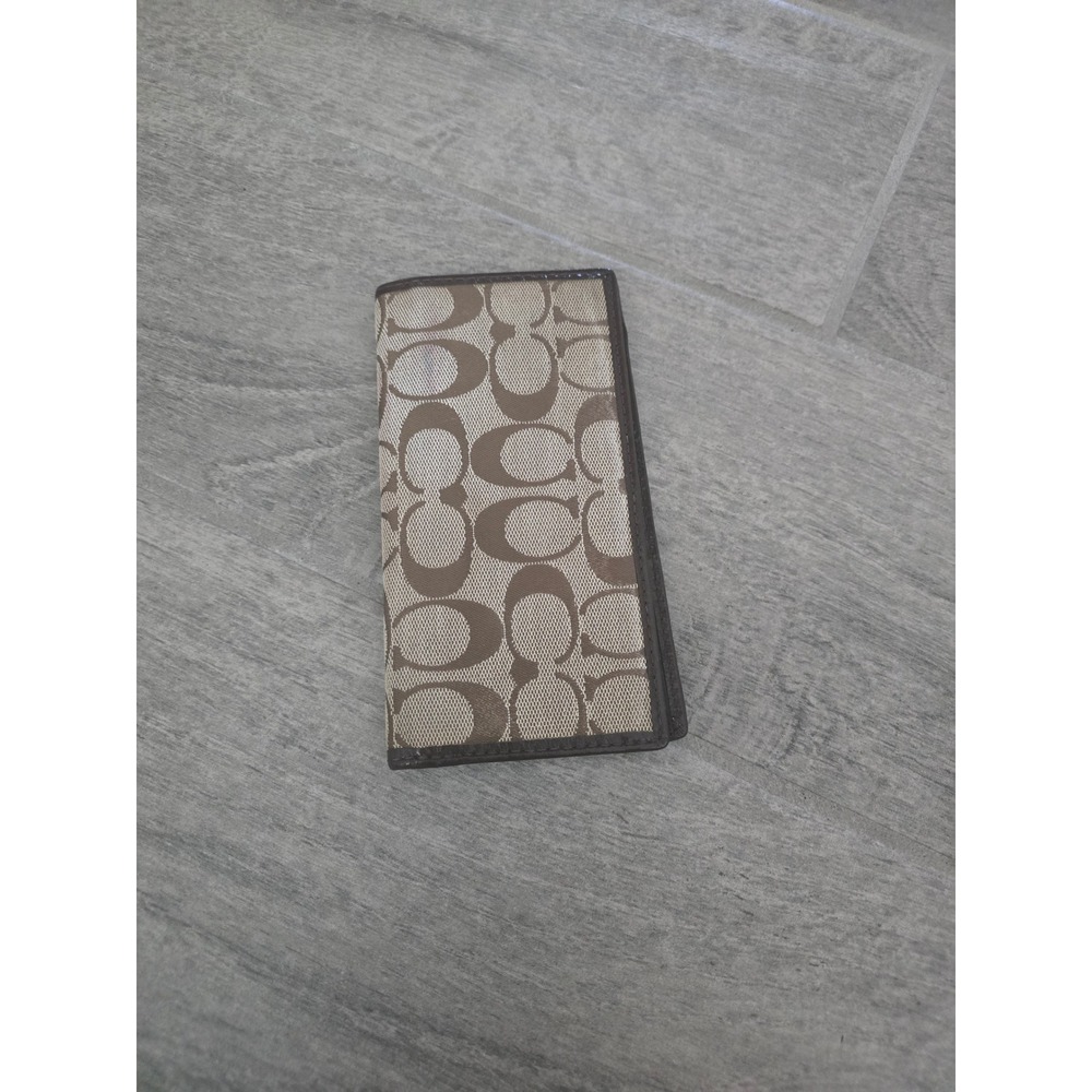 Coach Signature Jacquard Checkbook Cover Brown Khaki Leather Slim Bifold
